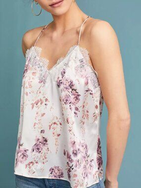CAMI NYC Silk Floral Lace Trim Racerback Cami Cream Pink Purple Small